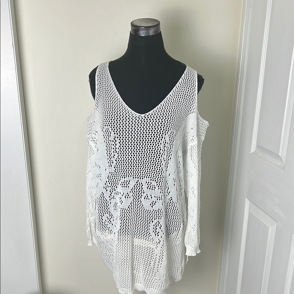 Vintage White Crochet Knit See Through off Shoulder Top Size Large